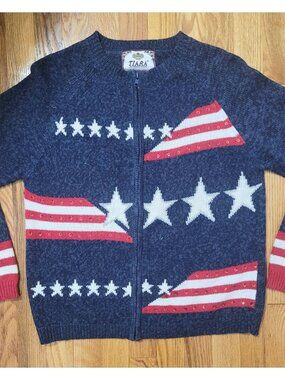 Vintage Tiara Int'l Sweater Cardigan Size Small Flag American USA Knit 90s Y2K